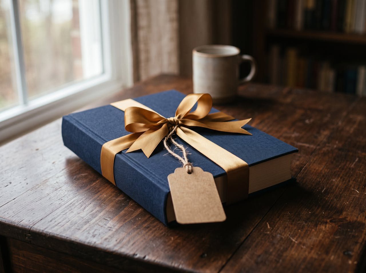 A navy hardcover book tied with a brass ribbon and a blank gift tag, on a wooden table